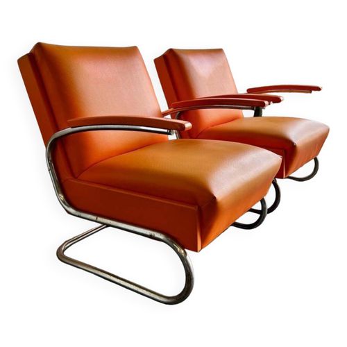 Lot De 2 Fauteuils Vintage Tube Chrom Orange