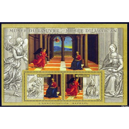 France 2005, Très Beau Bloc Feuillet Neuf** Luxe Yvert 90, Emission Commune France-Cité Du Vatican Raphaël - "L'annonciation", Timbres 3838 Marie Et 3839 L'ange Gabriel.
