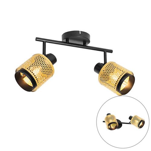 Qazqa Industriel Industriële Plafonnier ? Plafonnier Spot À Fixer Au Plafond Zwart Met Goud 2 Ampoules-Lichts - Kayden Acier Doré/Laiton,Noir Oblongue / Luminaire / Lumiere / Éclairage /...