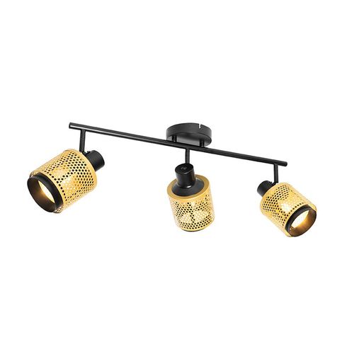 Qazqa Industriel Industriële Plafonnier ? Plafonnier Spot À Fixer Au Plafond Zwart Met Goud 3-Lichts - Kayden Acier Doré/Laiton,Noir Oblongue / Luminaire / Lumiere / Éclairage / Intérieur /...