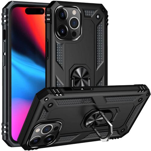 Coque Noir Pour Iphone 14 Pro Max - Protection Antichoc Shockproof Style Militaire Robuste Bague Anneau 360 Rotatif Phonillico©