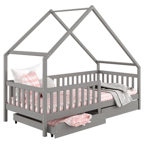 Lit Cabane Alva Lit Enfant Simple Asymétrique En Bois 90 X 200 Cm, Avec Rangement 2 Tiroirs, En Pin Massif Lasuré Gris