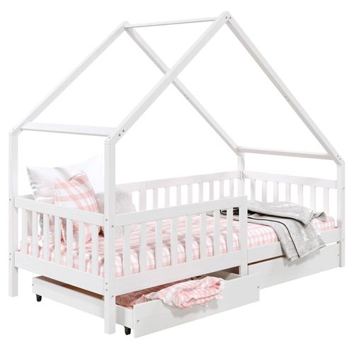 Lit Cabane Alva Lit Enfant Simple Asymétrique En Bois 90 X 200 Cm, Avec Rangement 2 Tiroirs, En Pin Massif Lasuré Blanc