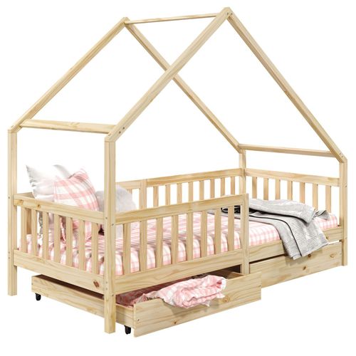 Lit Cabane Alva Lit Enfant Simple Asymétrique En Bois 90 X 200 Cm, Avec Rangement 2 Tiroirs, En Pin Massif À La Finition Naturelle