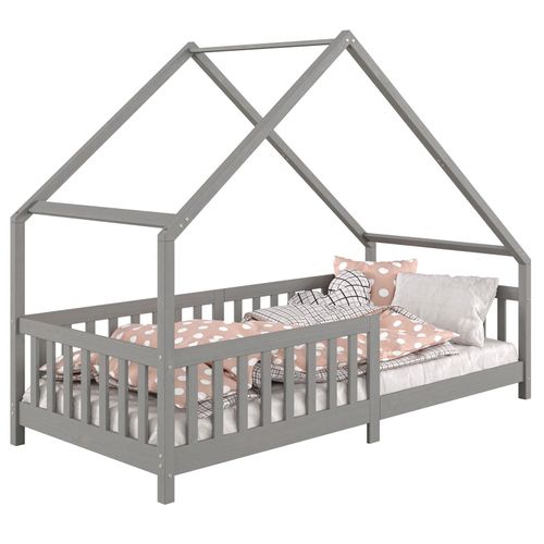 Lit Cabane Cora Lit Enfant Simple Asymétrique En Bois 90 X 200 Cm En Pin Massif Lasuré Gris