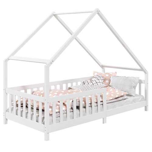 Lit Cabane Cora Lit Enfant Simple Asymétrique En Bois 90 X 200 Cm En Pin Massif Lasuré Blanc