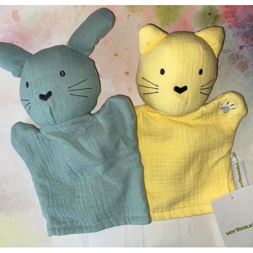 Doudou Marionnette Vertbaudet Lapin Chat Vert Jaune Jouets Naissance Bebe Doudous Peluches