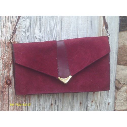 Pochette Plate Rectangulaire - En Daim Bordeaux - Bride Amovible