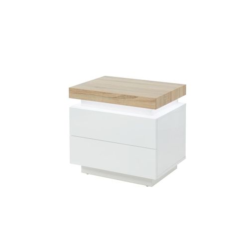 Table De Chevet Halo Ii - 2 Tiroirs - Mdf Laqué - Avec Leds - Coloris : Blanc Et Chêne