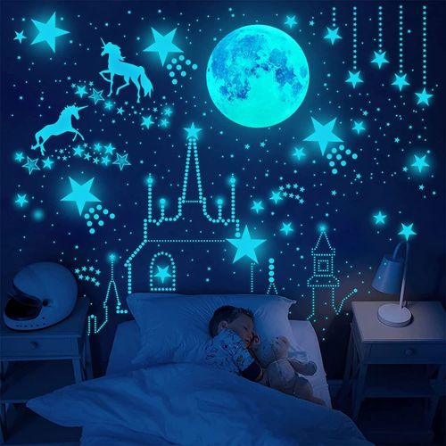 Licorne Étoile Lumineuse Plafond Stickers Mural Licorne Lumineux pour Chambres D'enfants Filles Chambre Plafond Décor Bleu