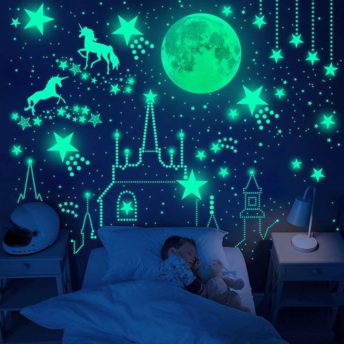 Licorne Étoile Lumineuse Plafond Stickers Mural Licorne Lumineux pour Chambres D'enfants Filles Chambre Plafond Décor Vert