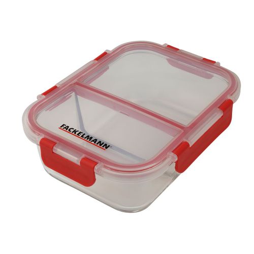 Fackelmann 47394 Boite De Conservation En Verre À 2 Compartiments 1050ml, Lunchbox En Verre Et Couvercle Hermétique À Clips, Verre, Plastique, Rouge, 21x16cm