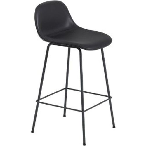 Tabouret Avec Dossier Fiber Cuir Noir & Piètement Acier H87,5 Cm - Muuto