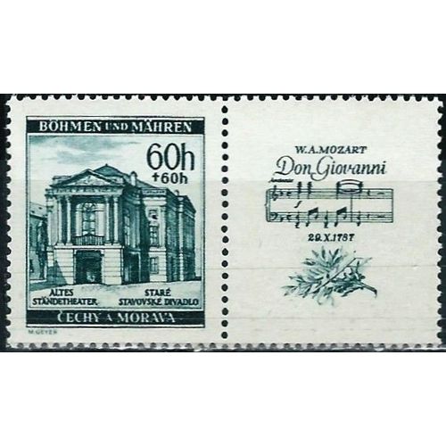 Tchécoslovaquie, Occupation Allemande, Bohème Moravie 1941, Très Beau Timbre Neuf** Luxe Yvert 70, 150 Ans De La Mort De Mozart, Ancien Théatre De Vienne Avec Vignette "Don Giovanni"