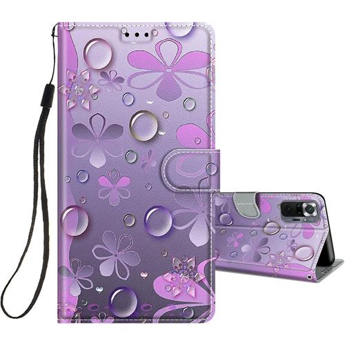 Coque En Cuir Pour Xiaomi Redmi Note 10 Pro/Note 10 Pro Max A Rabat Et Folio Portefeuille Pour Filles Femme, Housse Cuir Fentes Pour Cartes Etui Antichoc 360 Degres Silicone - Fleur Pourpre