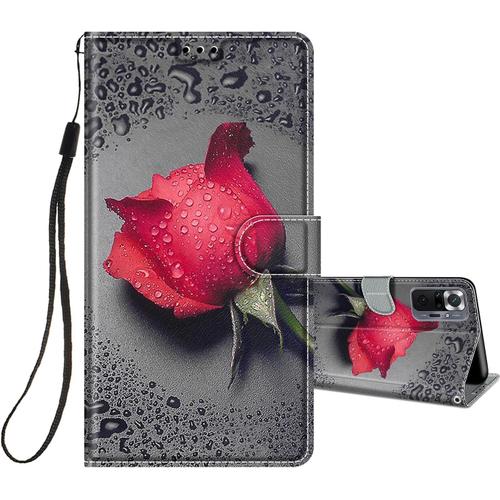 Coque En Cuir Pour Xiaomi Redmi Note 10 Pro / Note 10 Pro Max A Rabat Et Folio Portefeuille Pour Filles Garcons Femme, Housse Cuir Fentes Pour Cartes Etui Antichoc 360 Degres Silicone - Rose / Rouge