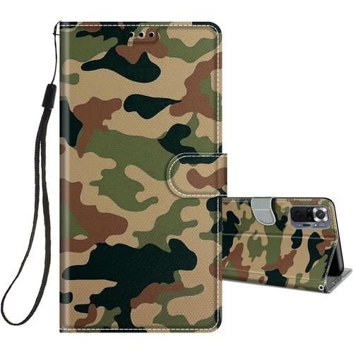 Coque En Cuir Pour Xiaomi Redmi Note 10 Pro / Note 10 Pro Max A Rabat Et Folio Portefeuille Pour Filles Garcons Femme, Housse Cuir Fentes Pour Cartes Etui Antichoc 360 Degres Silicone - Camouflage