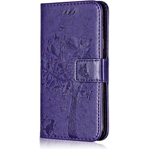 Coque Pour Samsung Galaxy A30s, Etui En Cuir Pu Portefeuille, Antichoc Flip Case Housse Retro Emboss Serie De Chat Et D'arbre Pour Samsung Galaxy A30s - Violet