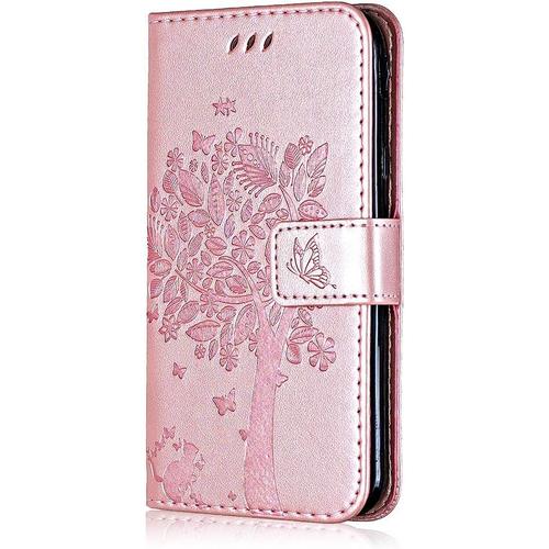 Coque Pour Samsung Galaxy A30s, Etui En Cuir Pu Portefeuille, Antichoc Flip Case Housse Retro Emboss Serie De Chat Et D'arbre Pour Samsung Galaxy A30s - Or Rose