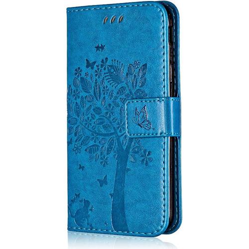 Coque Pour Samsung Galaxy A30s, Etui En Cuir Pu Portefeuille, Antichoc Flip Case Housse Retro Emboss Serie De Chat Et D'arbre Pour Samsung Galaxy A30s - Bleu