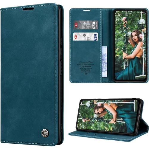 Coque Pour Xiaomi Redmi Note 10 Pro Cuir Etui Housse Premium Pu Portefeuille [Magnetique] [Porte Cartes] [Stand Fonction] Coque Rabat Redmi Note 10 Pro/Note 10 Pro Max - Bleu-Vert