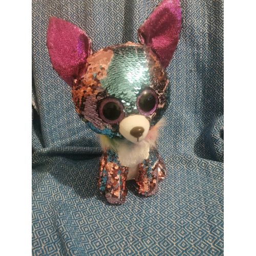 Doudou Peluche Gros Yeux Flippables Séquins Yappy Chihuahua Violet Bleu Ty