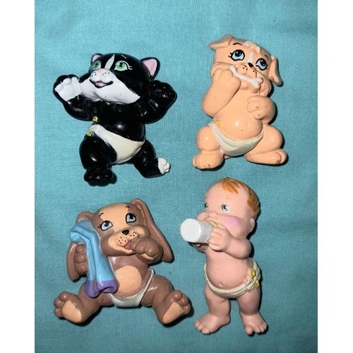 Lot De 4figurines Magic Babies En Couche + Animaux Chat Chien Cochon Jouet Bébé Années 80 90 - Collection Rare