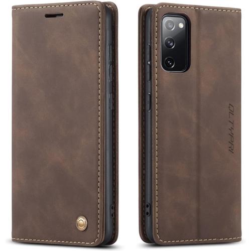 Etui Coque Pour Samsung Galaxy S20 Fe, Portefeuille Fentes Cartes Housse Antichoc Cuir Pu Vintage Portefeuille Etui Compatible Avec Samsung Galaxy S20 Fe - Café