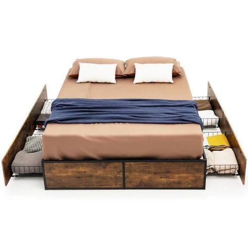 Costway Lit Double Pour Adulte Industriel, 140 X 200 Cm, Structure De Lit Avec 4 Tiroirs Roulants, Trous Réservé Pour Tête De Lit