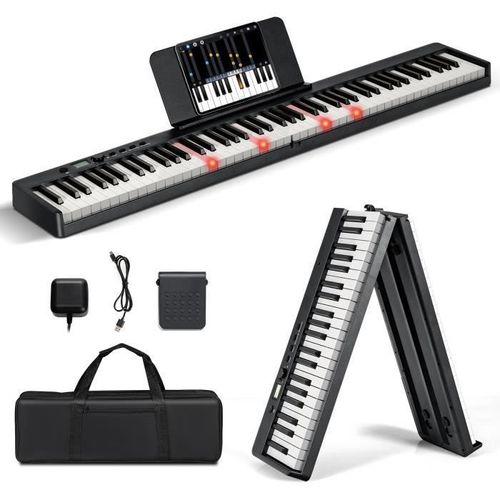 Costway Piano Numérique Pliable 88 Touches Lumineuses Lourdes Fonction Split Double Connexion Sans Fil 2 Modes D'apprentissage Noir
