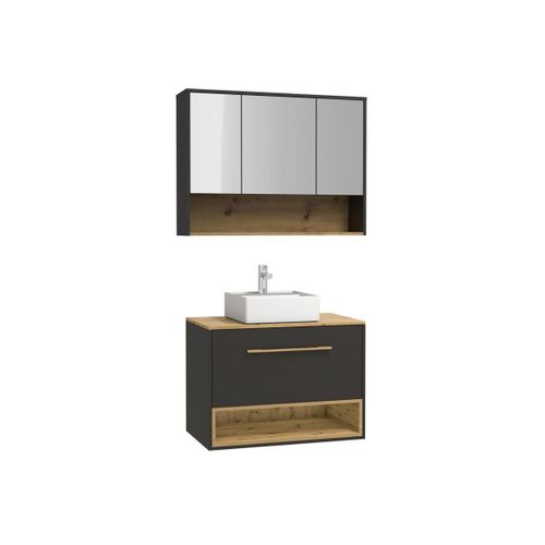 Meuble De Salle De Bain Suspendu Anthracite Avec Vasque À Poser Et Armoire De Toilette - 80 Cm - Yangra