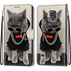 Etui En Pu Cuir Coque Pour Samsung Galaxy S5 Flip Housse Magnetique Collier Chat Etui A Rabat Portefeuille Antichoc Porte Carte Housse Flip Stand Case Protective Pour Samsung Galaxy S5