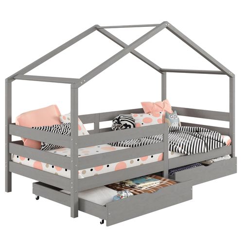 Lit Cabane Ena Lit Enfant Simple 90 X 200 Cm, Avec 2 Tiroirs De Rangement, En Pin Massif Lasur? Gris