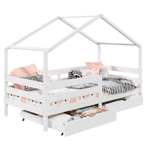 Lit Cabane Ena Lit Enfant Simple 90 X 200 Cm, Avec 2 Tiroirs De Rangement, En Pin Massif Lasur? Blanc
