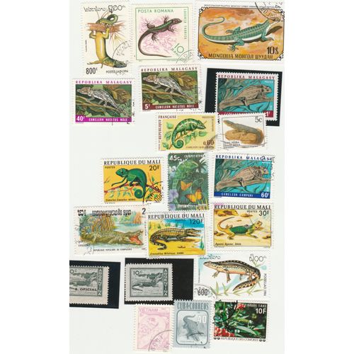 20 Timbres De Divers Pays - Animaux - Reptiles - Lézards, Crocodiles, Caméléons, Etc