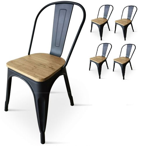 Kosmi - Lot De 4 Chaises Noires En Métal Et Bois Clair Style Industriel Factory En Métal Noir Mat Et Assise En Bois Clair