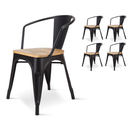 Kosmi - Lot De 4 Chaises En Métal Noir Mat Style Industriel Factory Avec Assise En Bois Naturel Clair, Fauteuils Industriels Avec Accoudoirs