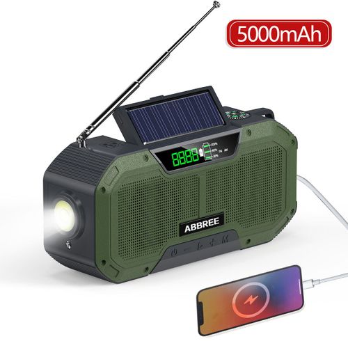 Abinvasive E-Radio D'urgence Étanche Pour Téléphone Portable,Chargeur Usb À Manivelle,Balayage Automatique,Am,Fm,Charge Par Énergie Solaire - Type Green(5000mah)