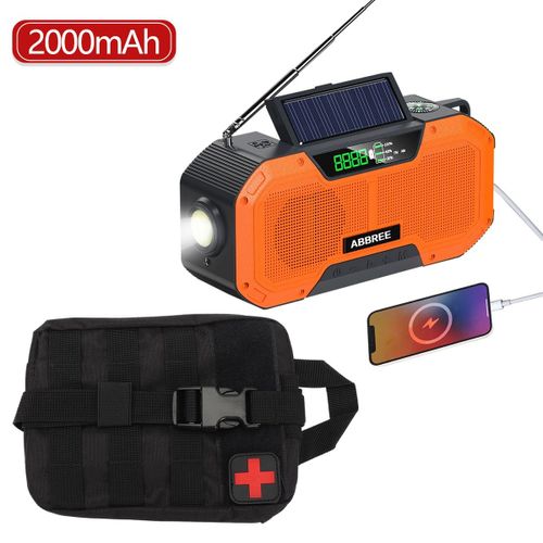 Abinvasive E-Radio D'urgence Étanche Pour Téléphone Portable,Chargeur Usb À Manivelle,Balayage Automatique,Am,Fm,Charge Par Énergie Solaire - Type Orange(2000mah)Bag