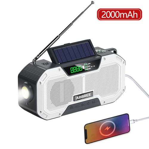 Abinvasive E-Radio D'urgence Étanche Pour Téléphone Portable,Chargeur Usb À Manivelle,Balayage Automatique,Am,Fm,Charge Par Énergie Solaire - Type White(2000mah)