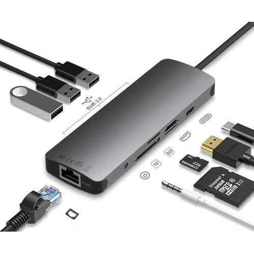 Hub USB C Adaptateur USB C HDMI Adaptateur MacBook avec 4K HDMI, 3 USB, 100W PD, SD/TF, Ethernet, données USB C, station d'accueil compatible avec les ordinateurs portables Dell XPS, Lenovo, HP, Surface et autres appareils de type C