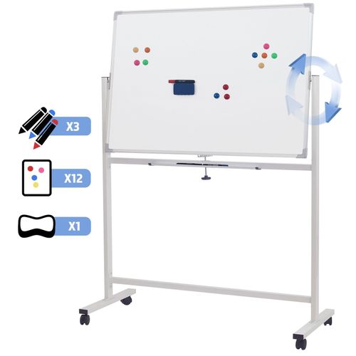 Jago® Tableau Magnétique Blanc - À Roulettes, Double Face, Effaçable, Cadre En Aluminium, 110x75 Cm, Incluant Aimants, Marqueurs, Rigole - Panneau Magnétique Aimanté