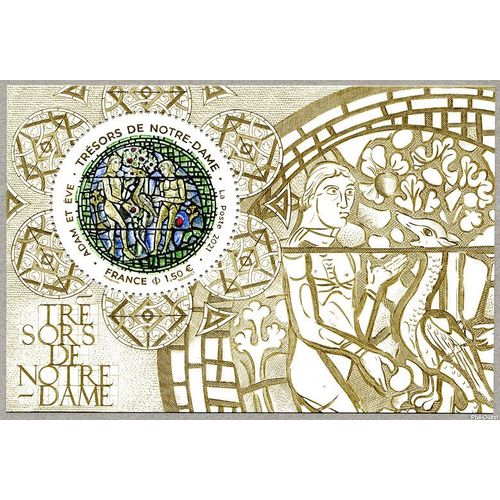 France 2021, Très Beau Mini Bloc-Feuillet Et Timbre Neuf** Luxe Yvert 5487 Trésors De Notre-Dame De Paris, Vitrail "Adam Et Eve Au Jardin D'eden".