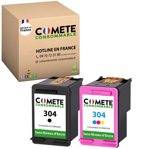 COMETE - 304 - Pack de 2 cartouches compatibles avec HP 304 Sans Niveau d'encre Noir + couleur - COMETE CONSOMMABLE