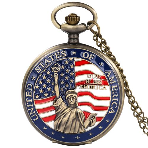 Fier D'être Un Des États-Unis D'amérique Motif Aigle Collier Chaîne Montre De Poche En Quartz Pendentif Bijoux Cadeaux Pour Américain - Type Statue Of Liberty