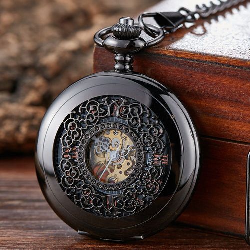 Shoous-Montre De Poche Mécanique À Remontage Manuel Pour Homme,Pendentif En Bronze,Classique,Vintage,Couverture Creuse,Analogique,Horloge,Cadeau - Type Black