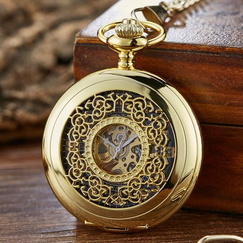 Shoous-Montre De Poche Mécanique À Remontage Manuel Pour Homme,Pendentif En Bronze,Classique,Vintage,Couverture Creuse,Analogique,Horloge,Cadeau - Type Gold