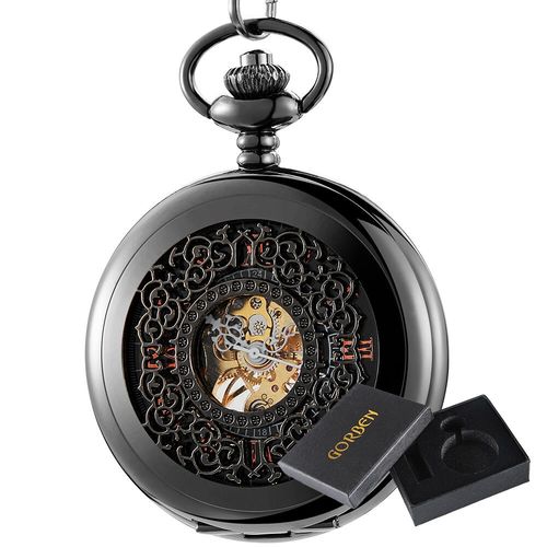 Shoous-Montre De Poche Mécanique À Remontage Manuel Pour Homme,Pendentif En Bronze,Classique,Vintage,Couverture Creuse,Analogique,Horloge,Cadeau - Type Black With Box