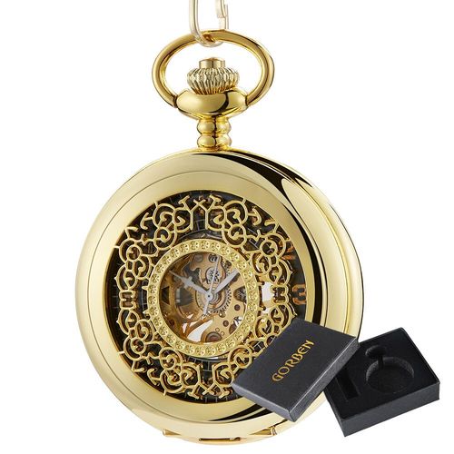 Shoous-Montre De Poche Mécanique À Remontage Manuel Pour Homme,Pendentif En Bronze,Classique,Vintage,Couverture Creuse,Analogique,Horloge,Cadeau - Type Gold With Box