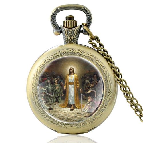 Montre De Poche À Quartz Pour Homme Et Femme,Design Du Christ Jésus Portant Une Couronne D'épines,Pendentif,Collier,Horloge,Cadeaux - Type Pa651-Bronze